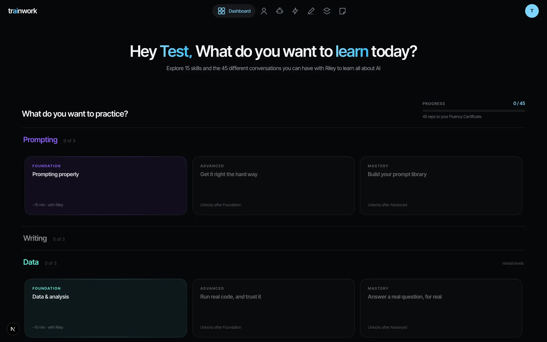 The Trainwork learner dashboard: a personalized greeting and the deck of coached practice conversations with Riley